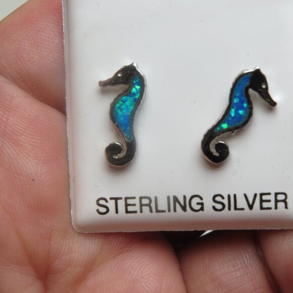 Sterling Silver Earring Water Horse  opal Hand Crafted - Picture 1 of 3